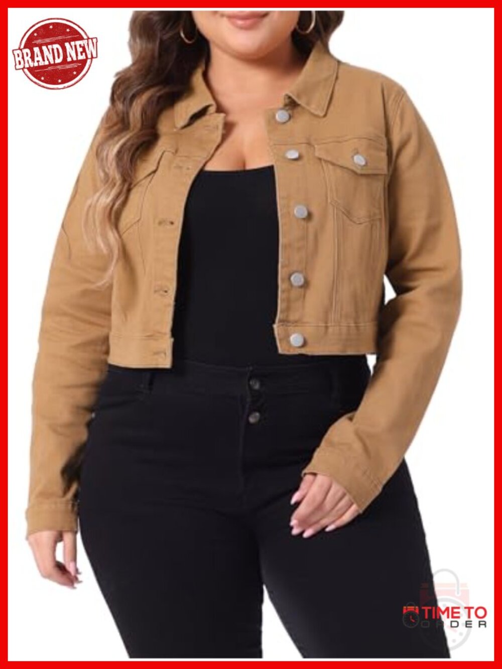 Women's Plus Size Cropped Denim Jacket with Button Pockets